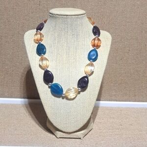 Vintage Retro Fall Chunky Acrylic Blue Purple Yellow Beaded Statement Necklace